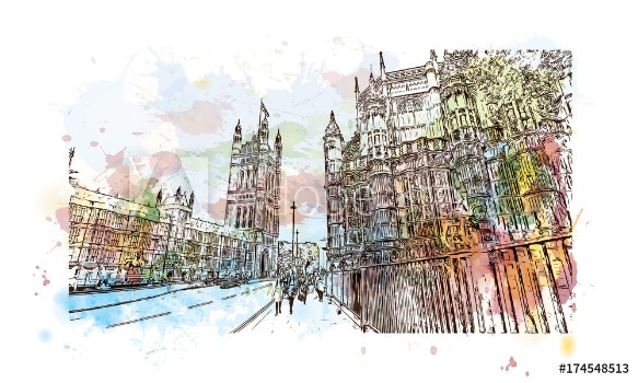 Picture of Watercolor sketch of Big Ben and houses of parliament London UK United Kingdom England in vector illustration